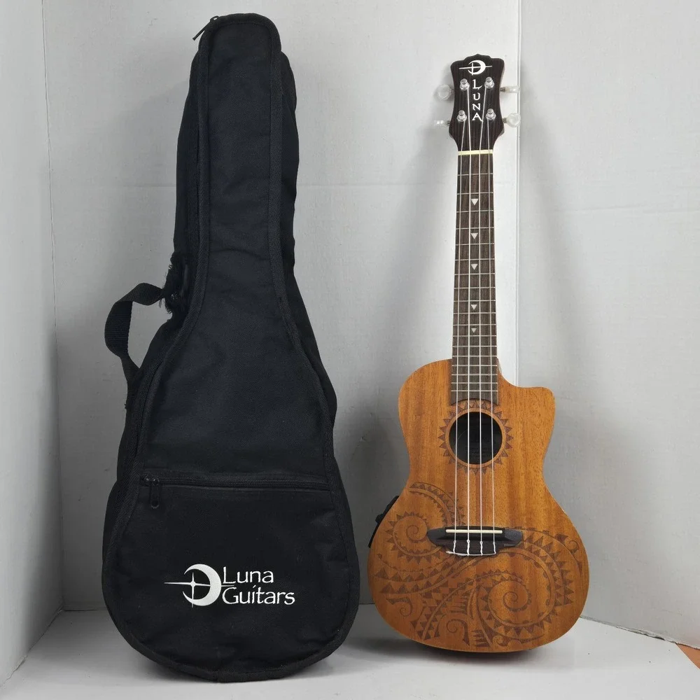 Luna Mahogany Concert‎ Ukulele Acoustic Electric Tattoo Laser Etched w Bag VIDEO